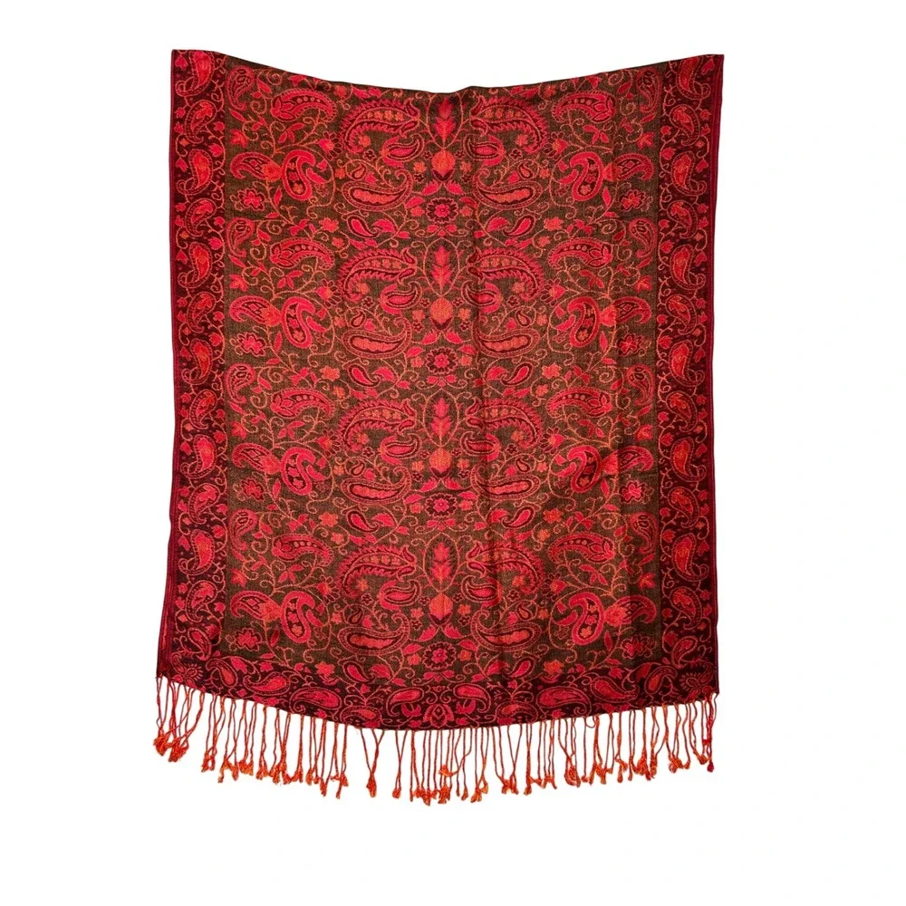 Pashmina Red Orange Paisley Silk Cashmere Blend Fringed Shawl Wrap Scarf Elegant